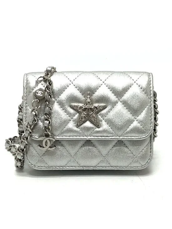 Chanel Shoulder Bag Star Rhinestone Leather Silver