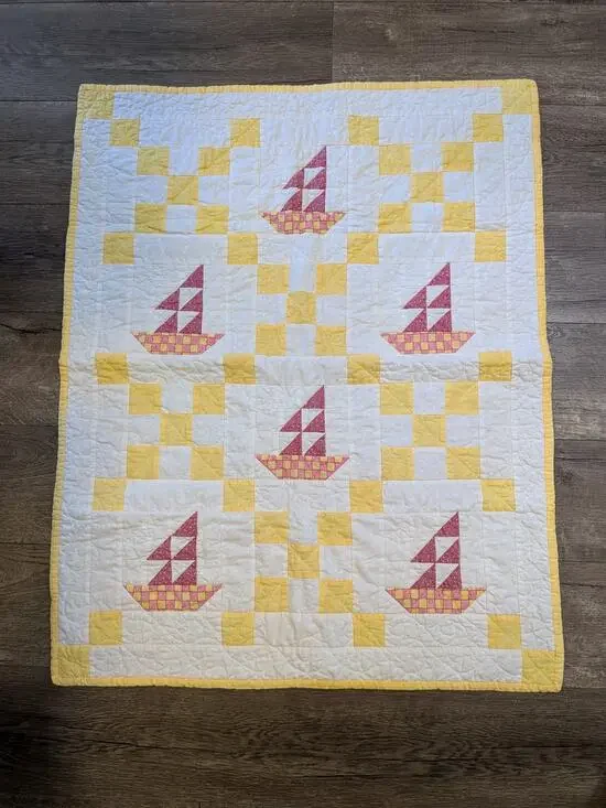 Vintage 1995 Handmade Sailboat Baby Quilt Signed Carol Paasch Cottagecore 28x34