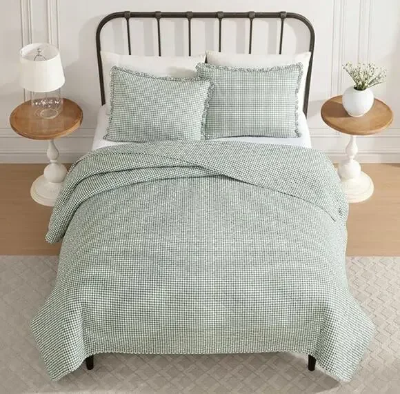 Full/Queen Quilt Set, Cotton Bedding with Matching Sham- Gracies Gingham Green