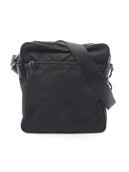 Prada Shoulder Bag Triangle Logo Black Nylon Saffiano Leather