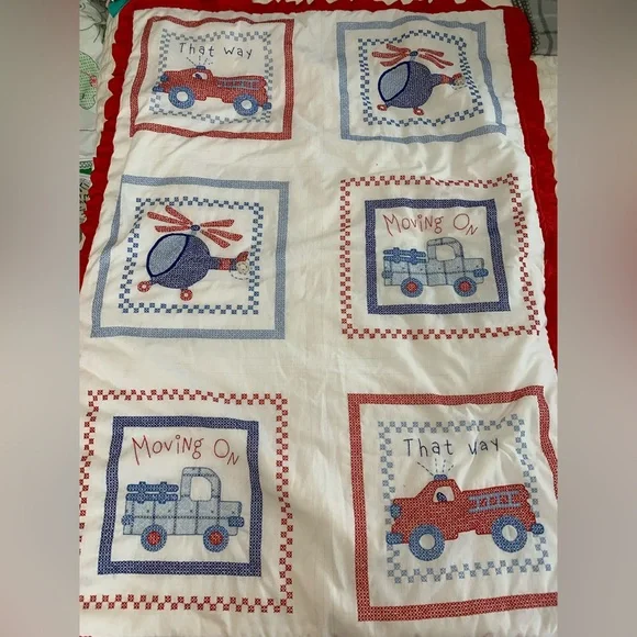 Handmade Red and Blue Baby Quilt with Vehicle Designs
