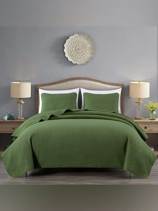 Green Quilted Queen 3 piece Bedspread Set 100% cotton