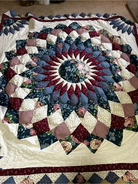 Handmade Floral Patchwork Quilted Bedspread in Navy, Burgundy, and Cream