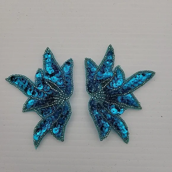 VTG 2 Sequin Rhinestone Beaded‎ Blue Leaf & Blossom Pin On Appliques