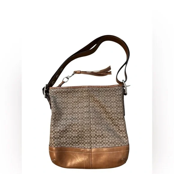 Coach Tan and Brown Mini Jacquard Convertible Shoulder Bag with Signature Design