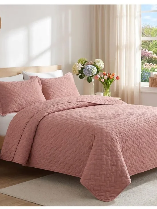 King size Rose Quartz Quilted Bedspread Set - Soft Pink 3 pieces