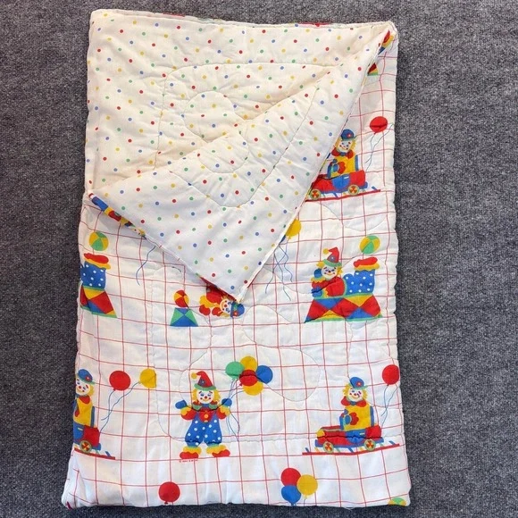 Vintage 80's Circus Clown Balloon Kids Quilted Blanket Retro Primary Collectible