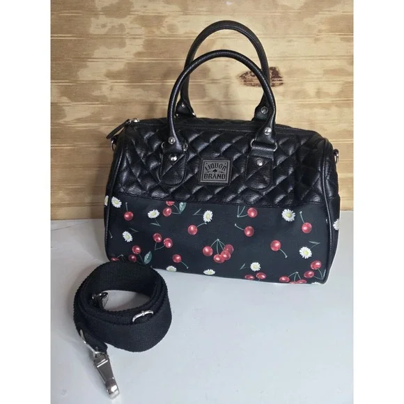 Liquorbrand Daisy Cherry Bowler Bag Quilted Satchel Duffel Shoulder Strap Black‎