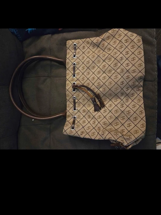 Dooney & Bourke Beige Monogram Tote with Brown Leather Handles