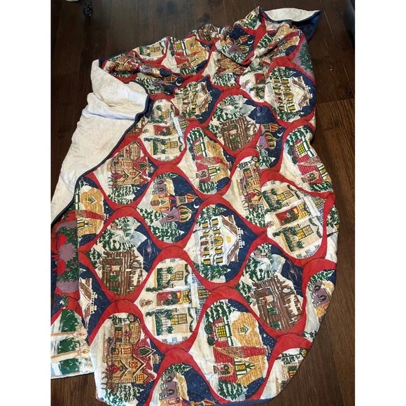 Vintage Christmas Winter Village Quilt Red Blue Green Holiday full comforter