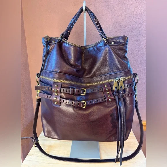 Joelle Hawkens Victory Folder Leather Bag | Brown Boho Studded Satchel Crossbody