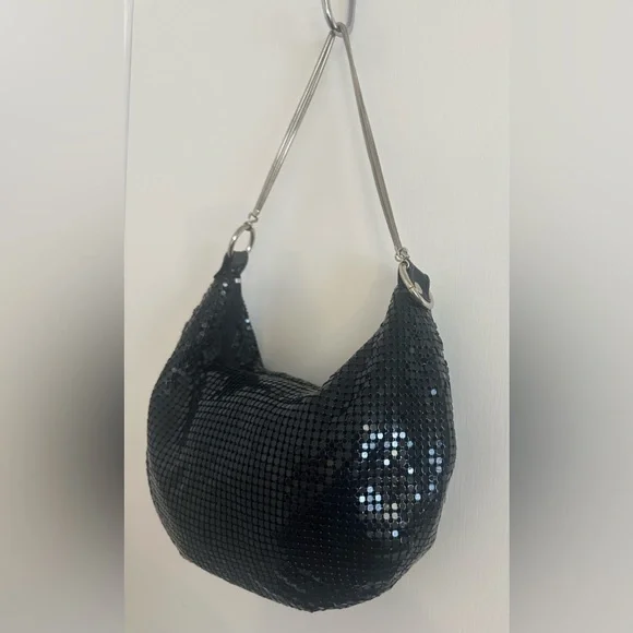 Vtg Y2K 90s Sequin Black Slouch Hobo Bag Purse Snake Metal Straps Bling Disco