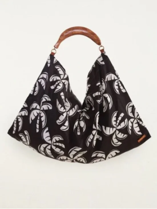 NEW FARM Rio Black And White Scarf Tote Bag Wood Handle Reversible Palm Trees