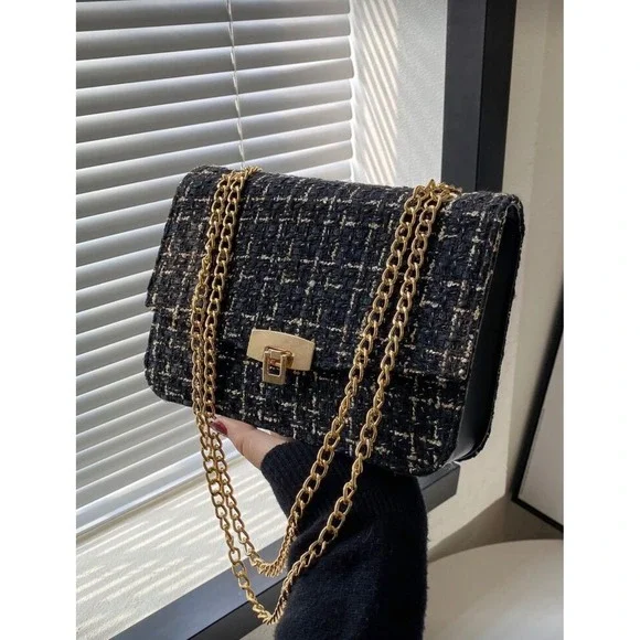 Black Tweed Plaid Chain Shoulder Bag Gold Hardware Crossbody Flap‎ Purse