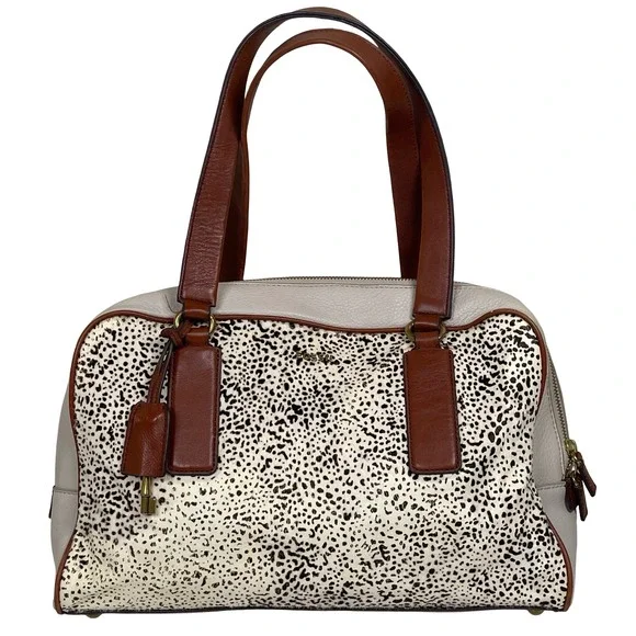Fossil Memoir Satchel Leather Calf Hair Purse White Bone Spot Animal Print Boho‎