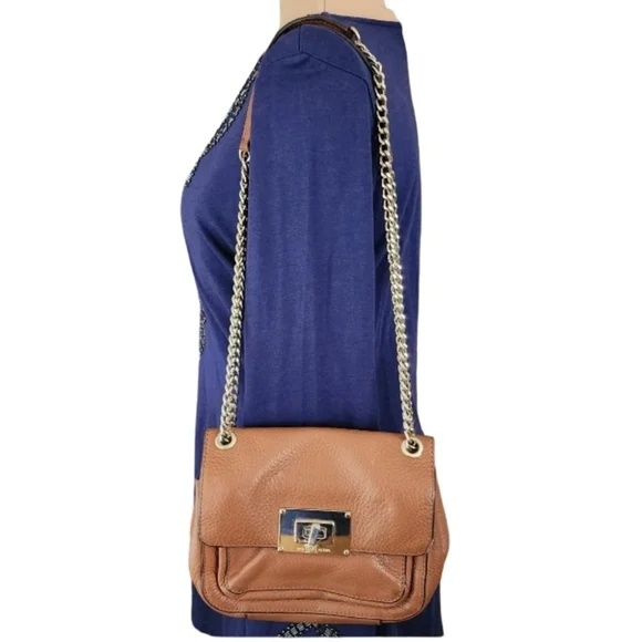 Michael Kors‎ Sloan Pebbled Leather Chain Shoulder Bag Brown Gold Turn-Lock