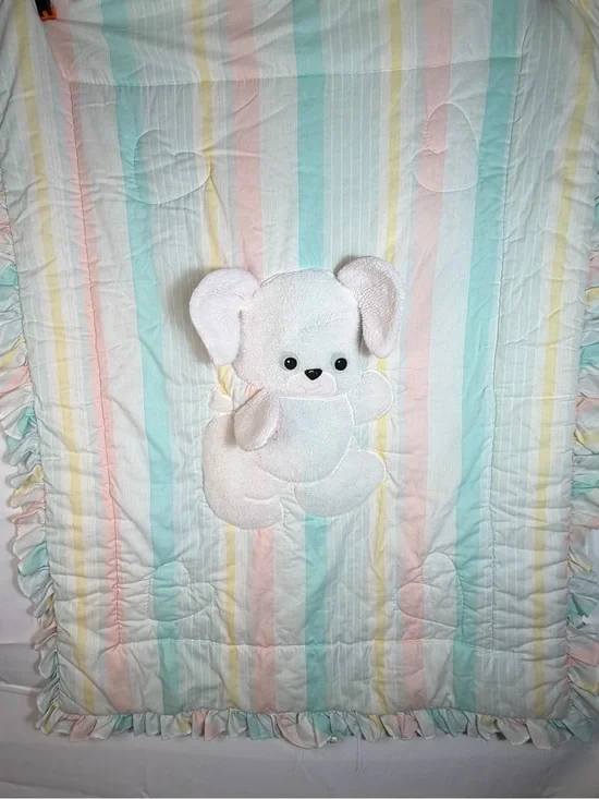 Vtg Lambs & Ivy Baby Blanket Quilt Pastel Stripes Plush Puppy Dog Ruffle Border