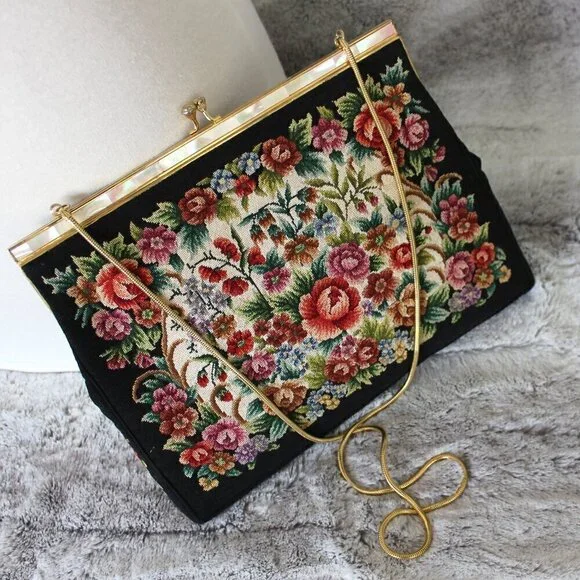 Vintage Style Petite Needlepoint Point Embroidery Handbag Gold Strap Purse