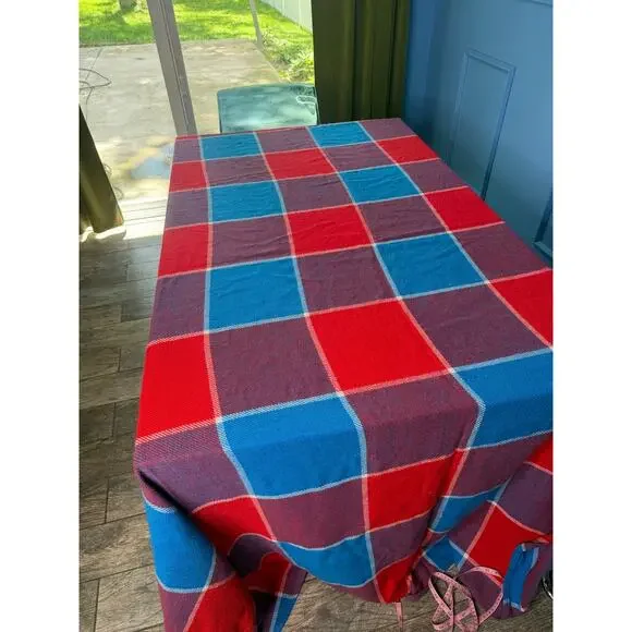 Sears Checkerboard Bedspread Blanket   Blue Red Vintage 80's 74