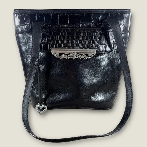 Brighton Black Leather Croc‎ Embossed Shoulder Bag Ornate Silver Heart Vintage
