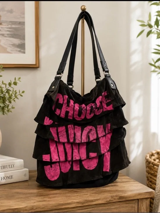 Juicy Couture choose juicy terry cloth bucket bag black hot pink logo