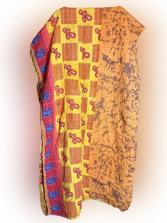 Handcrafted Multi-Color Kantha Quilt: Yellow, Orange & Red