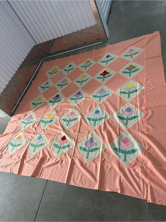Vintage Full Size Flower & Peach Quilt Top & Bottom