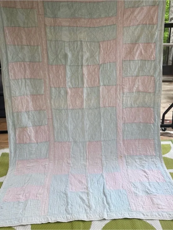 Vintage 50’s Pastel Pink and Light Blue Patchwork Quilt - Brand Unspecified