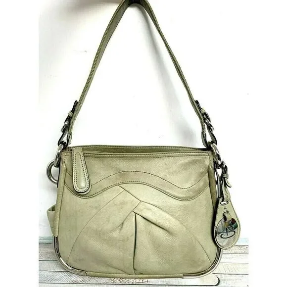 B. Makowsky SHABBY MOSS GREEN GENUINE LEATHER ZIP TOP HOBO SHOULDER BAG HANDBAG