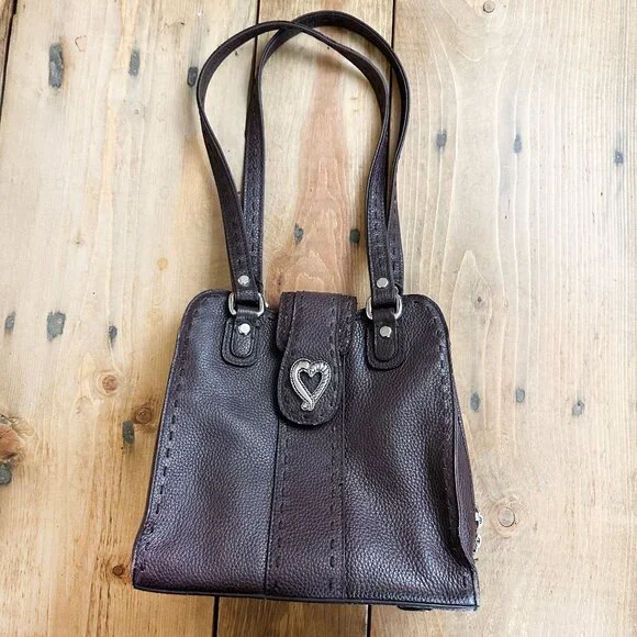 MC Brown Leather Purse Silver Heart Shoulder Bag  Lots of Pockets‎
