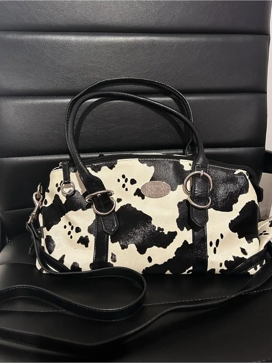 Vintage Dooney & Bourke Cow Print Satchel, Top Handle Bag with Detachable Strap