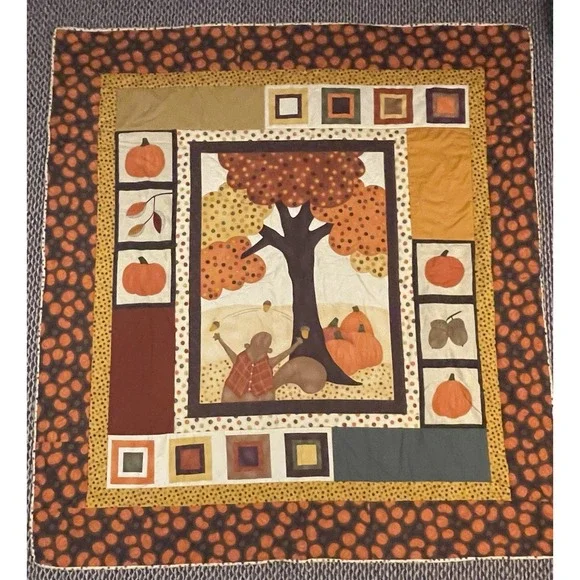 Autumn Quilt Blanket Quilted Wall Hanging Fall Tree Pumpkin Squirrel 52