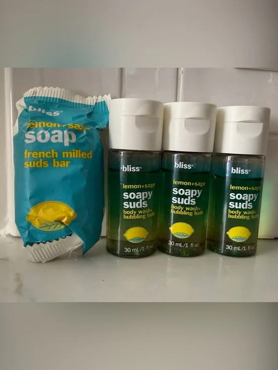 Bliss Lemon+Sage Soapy Suds Travel & Trio Wrapped Soap Sample size body wash
