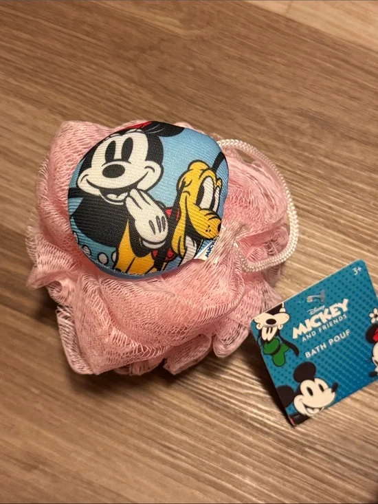 Disney Pink Bath Pouf with Mickey & Friends Button