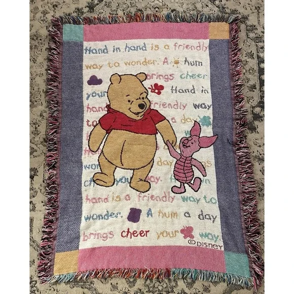 1995 Winnie the Pooh and Piglet Crib Tapestry Blanket 36x46 Vibrant Colors Stain