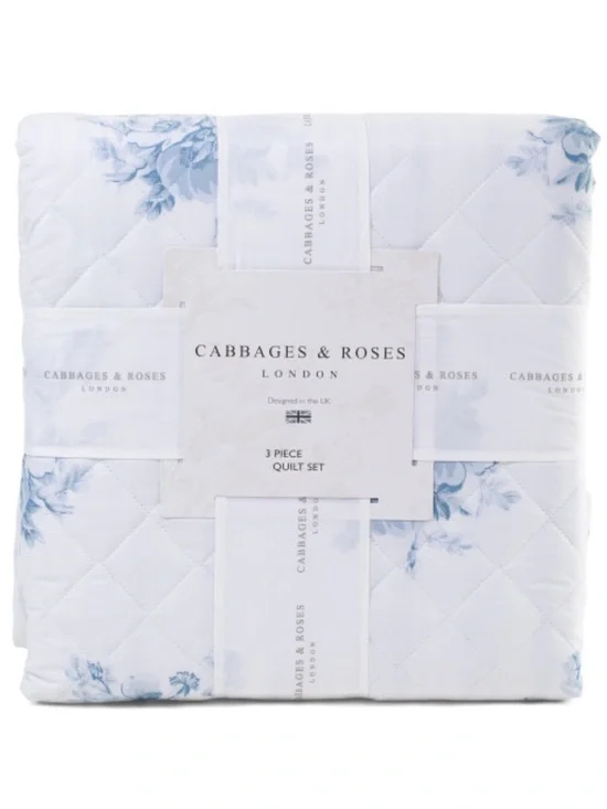 CABBAGES & ROSES White and Light Blue Floral Quilt Set
