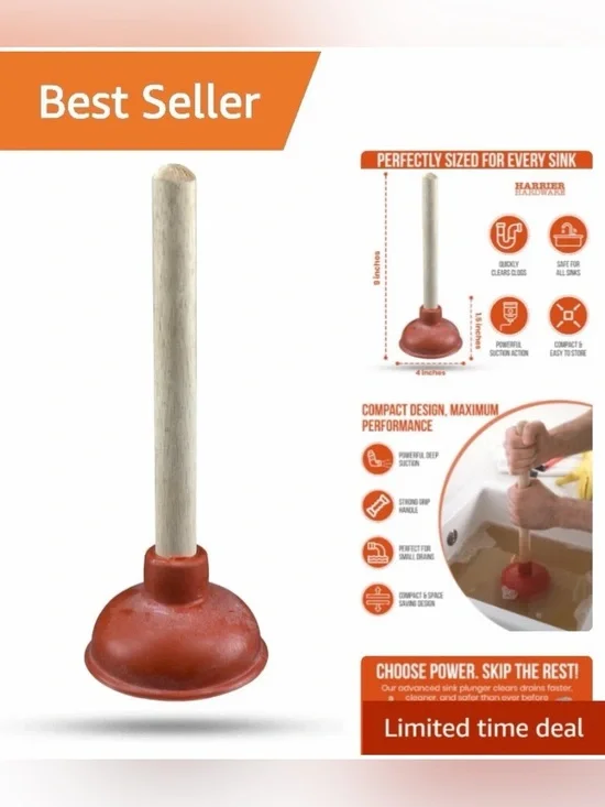 Premium 10.5in Red Sink Plunger with Wooden Handle. Small but powerful!