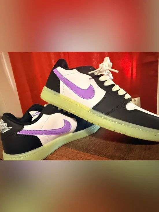 Nike Low Top Sneakers - White, Black & Purple with Glow Green Sole