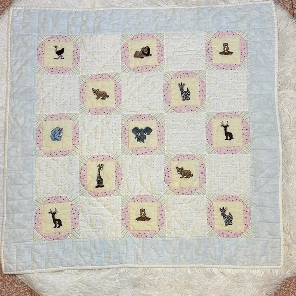 Handmade Patchwork Baby Quilt Embroidered Animal Cotton Flannel 35” x 35”