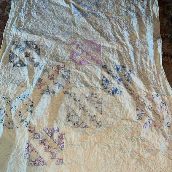 Antique twin size handmade squares patchwork triangle quilt 54” x 80”