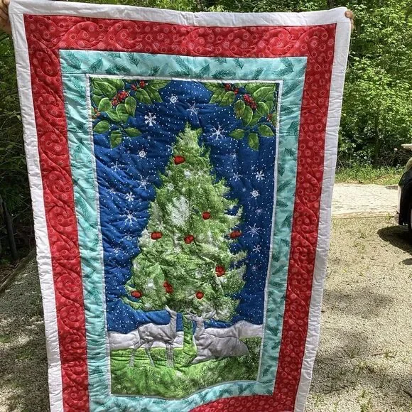NWT. Christmas Forest Tree with Deer Lap Quilt Hand Crafted