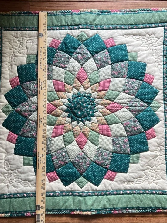 Floral Patchwork Cotton Quilt in Teal, Pink, and Cream wall hanger