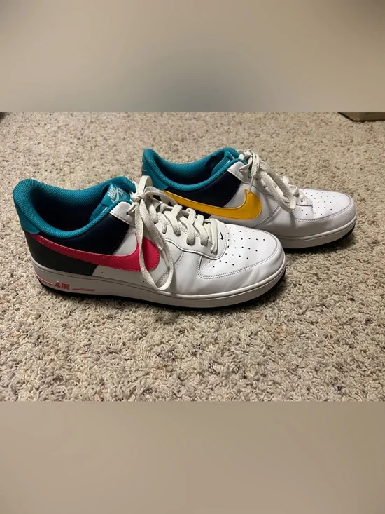 Nike Low-Top Air Force 1 - White with Pink & Yellow Swooshes, Teal Lining