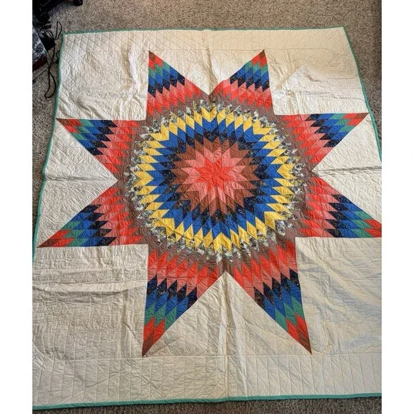 Vintage Handmade Lone Star Scrap Quilt Large Center Medallion Teal Border