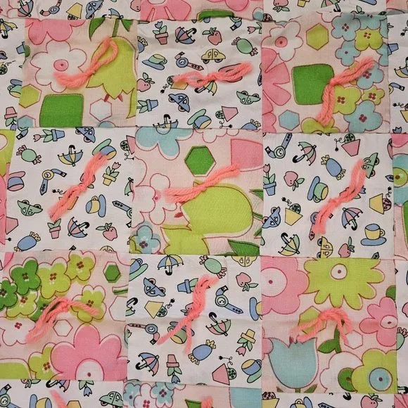 60s 70s Pink Retro Floral Patchwork Quilt Baby Girl‎ Blanket Tummy Time