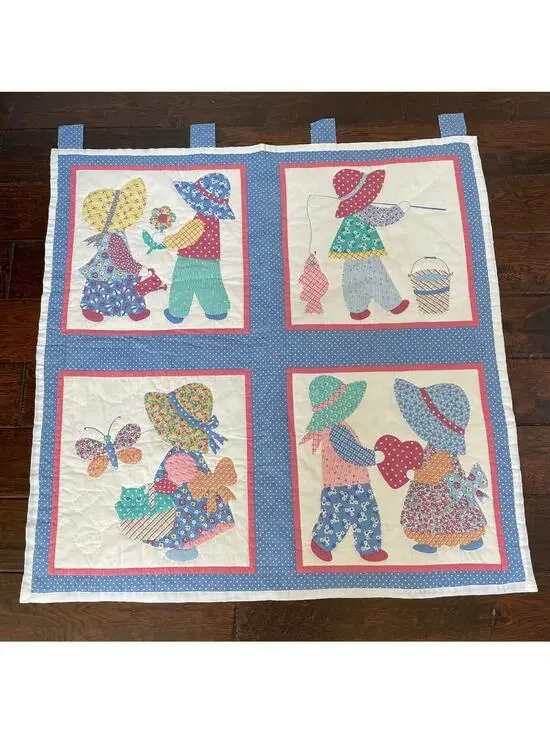 Sunbonnet Sue Baby Quilt Vtg Handmade Nursery Crib Blanket Hanging Panel Blocks