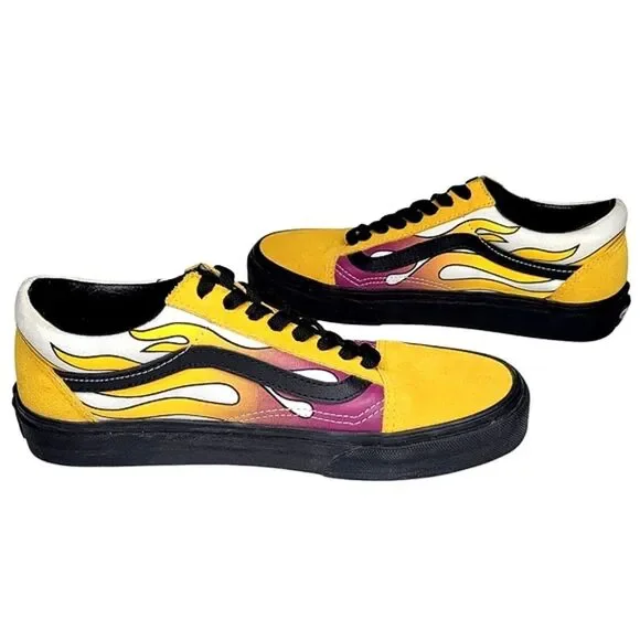 Vans Old Skool Flame Sneakers Shoes Mens 6.5 Womens 8 Yellow Purple Suede Retro