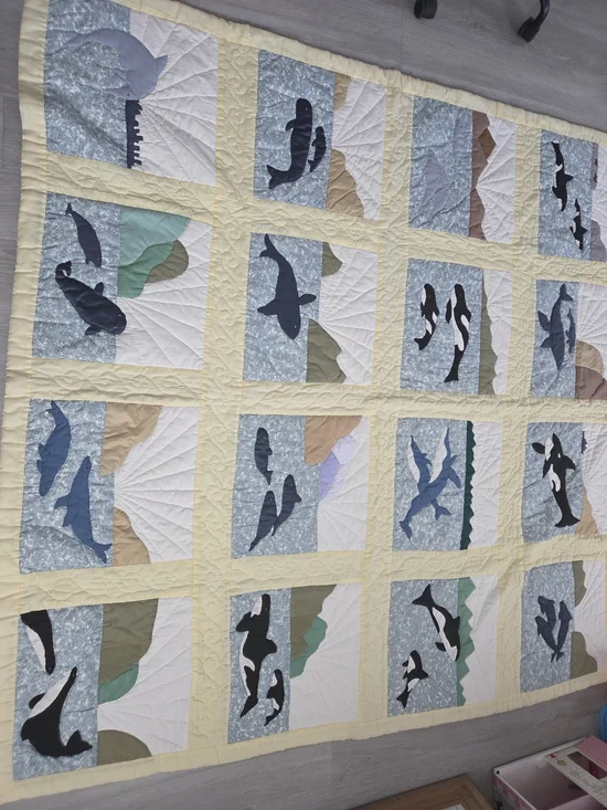 Handmade Ocean Whale Patchwork Quilt in Yellow and Blue