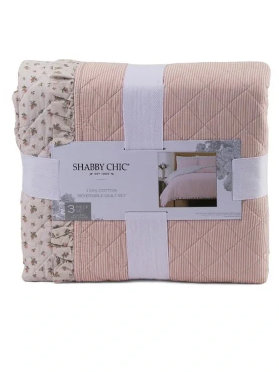 Shabby Chic Soft Pink Reversible Quilt Set with Floral Ruffle