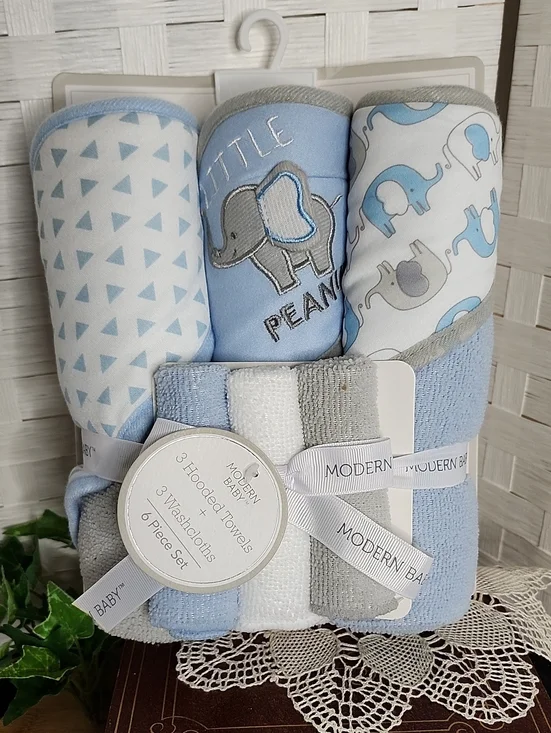 👉*NWT* MODERN BABY BLUE  ELEPHANT HOODED TOWEL & WASHCLOTH SET ~3 OF EACH 🐘